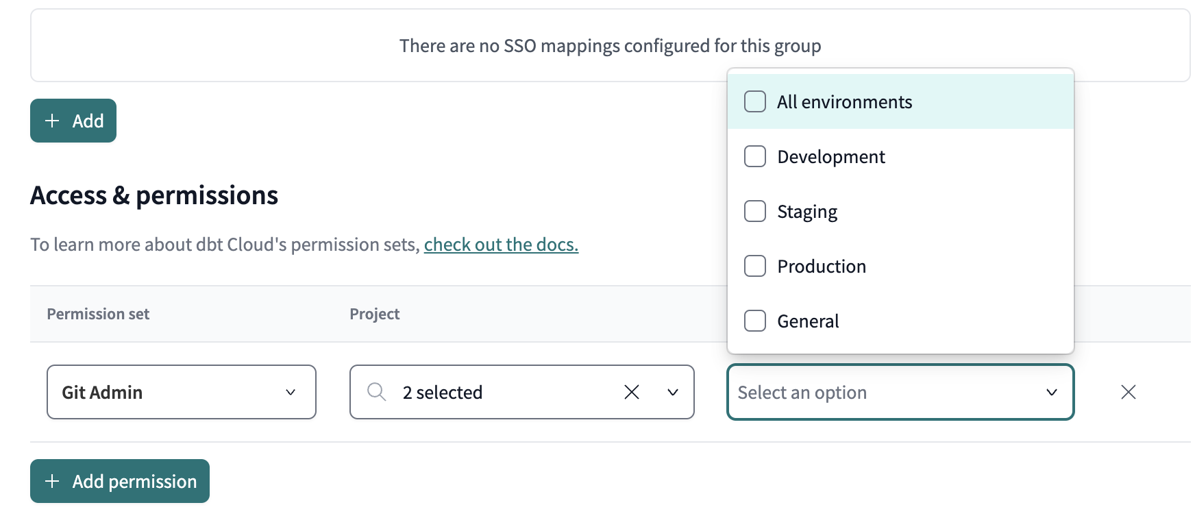 Example the environment access control for a group with Git admin assigned.